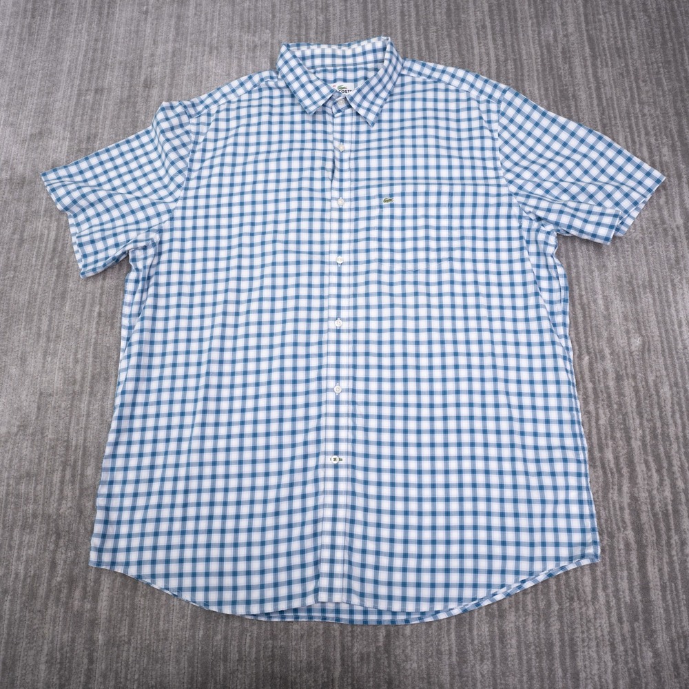Lacoste Button Down Shirt Mens 46 XL Blue Gingham Check Short Sleeve Fair